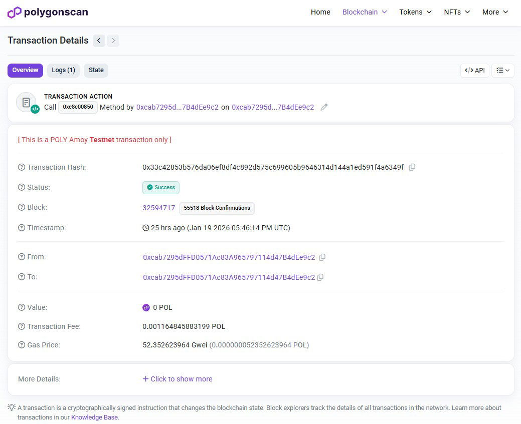 Polygonscan transaction showing anchored proof