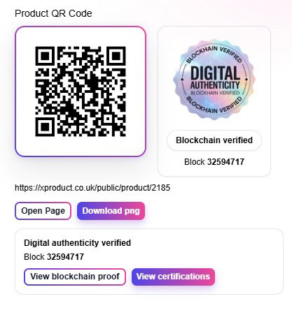 Product page showing blockchain verified badge and proof link